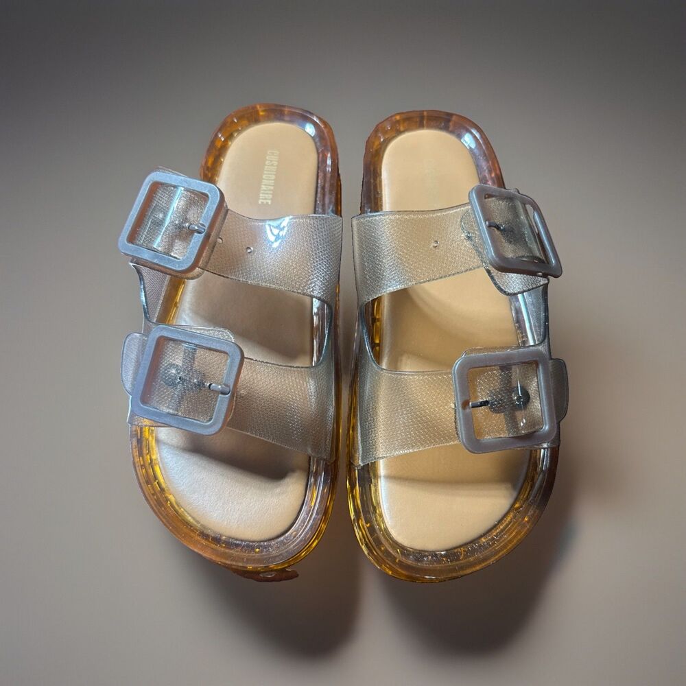 Cushionaire Women’s Double Buckle Jelly Slide Sandals Amber Brown Size 9.5 NWT